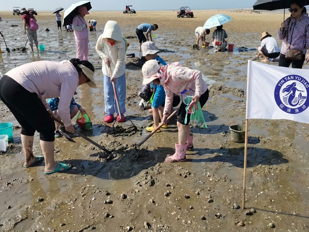 游客在北海滩涂赶海挖螺